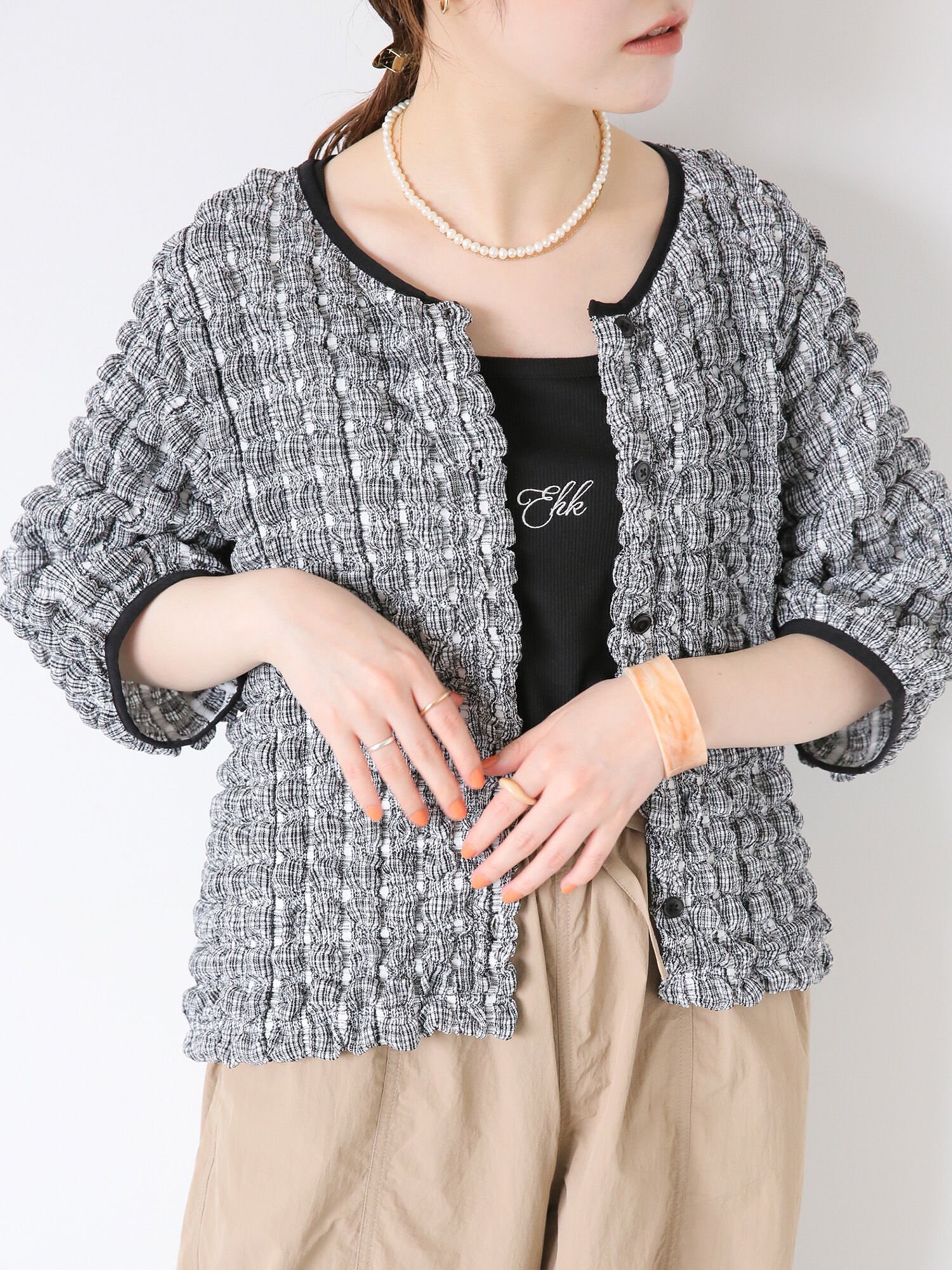 【SALE／65%OFF】ehka sopo ぽこぽこチェックカーディガン エヘカソポ トップス カーディガン ブラック イエロー グリーン ブラウンのサムネイル