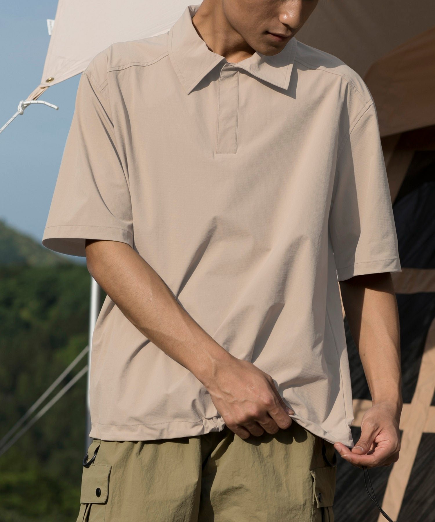 S'more Anti-static polo shirt アイモハ トップス シャツ・ブラウス ベージュ ブラック