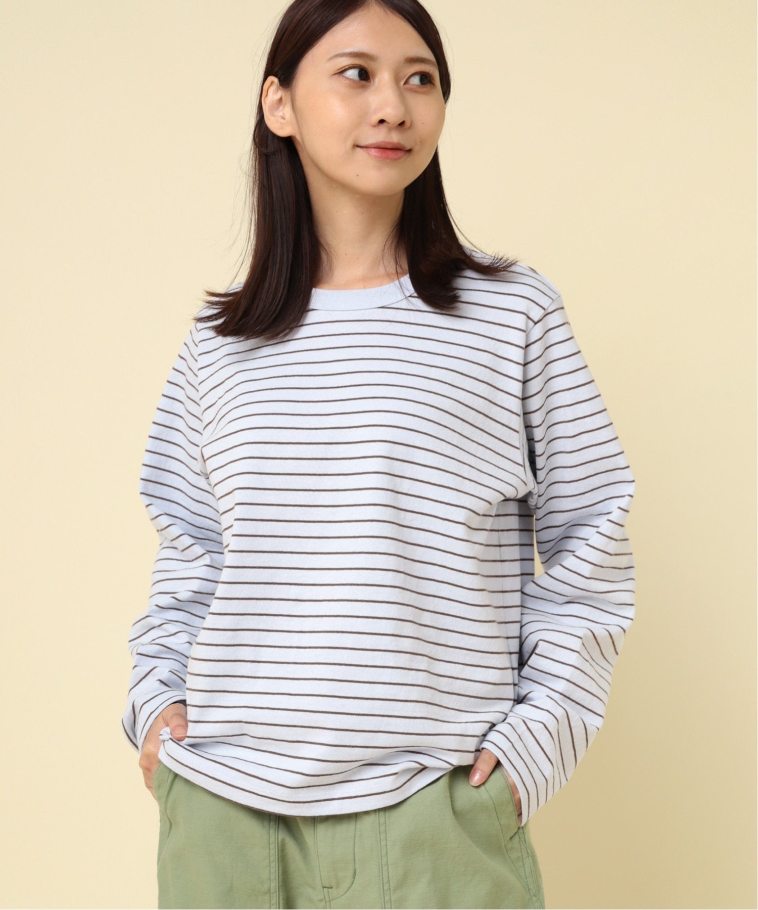 RNA-N M2380 ボーダーベーシックロンT アールエヌエーエヌ トップス カットソー・Tシャツ グレー ベージュ ブルー ブラウン