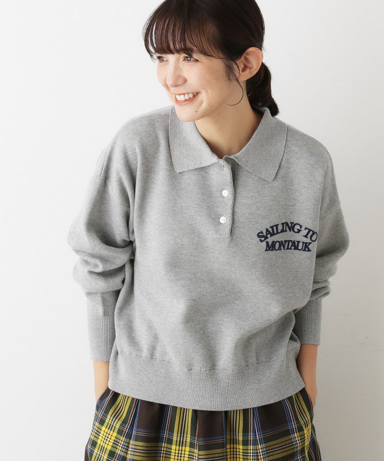 【洗える】フロッキーロゴ入り襟付きニット デッサン トップス ニット グレー レッド