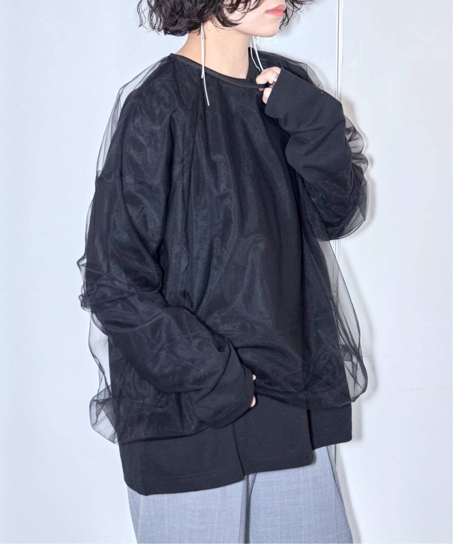 CITYSHOP 《予約》[THE MOOD]チュール ロングTシャツ シティーショップ トップス カットソー・Tシャツ ホワイト ブラック【送料無料】