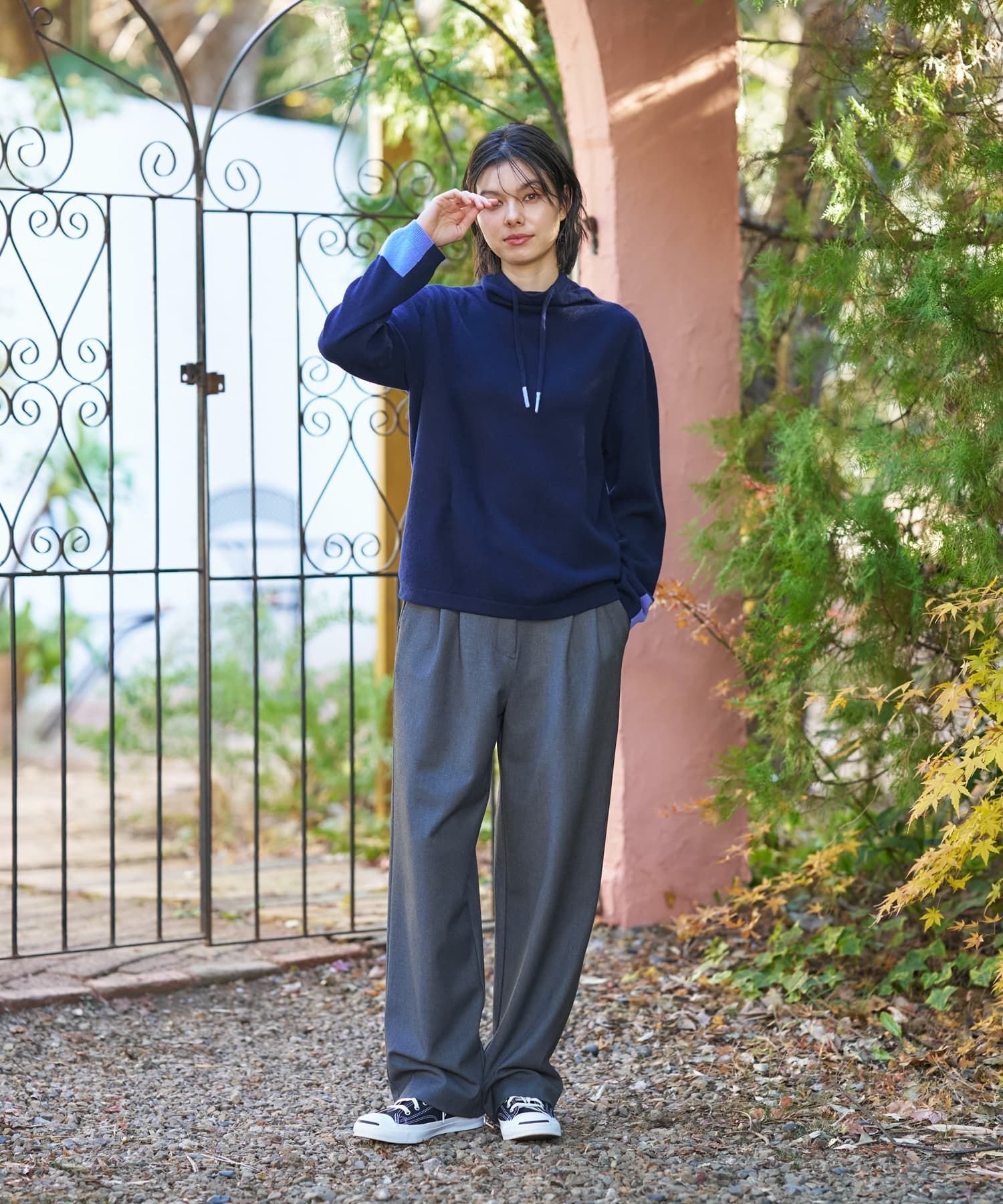 CARA O CRUZ 洗える あったか 裏起毛ワイドパンツ キャラ・オ・クルス パンツ その他のパンツ グレー ネイビー