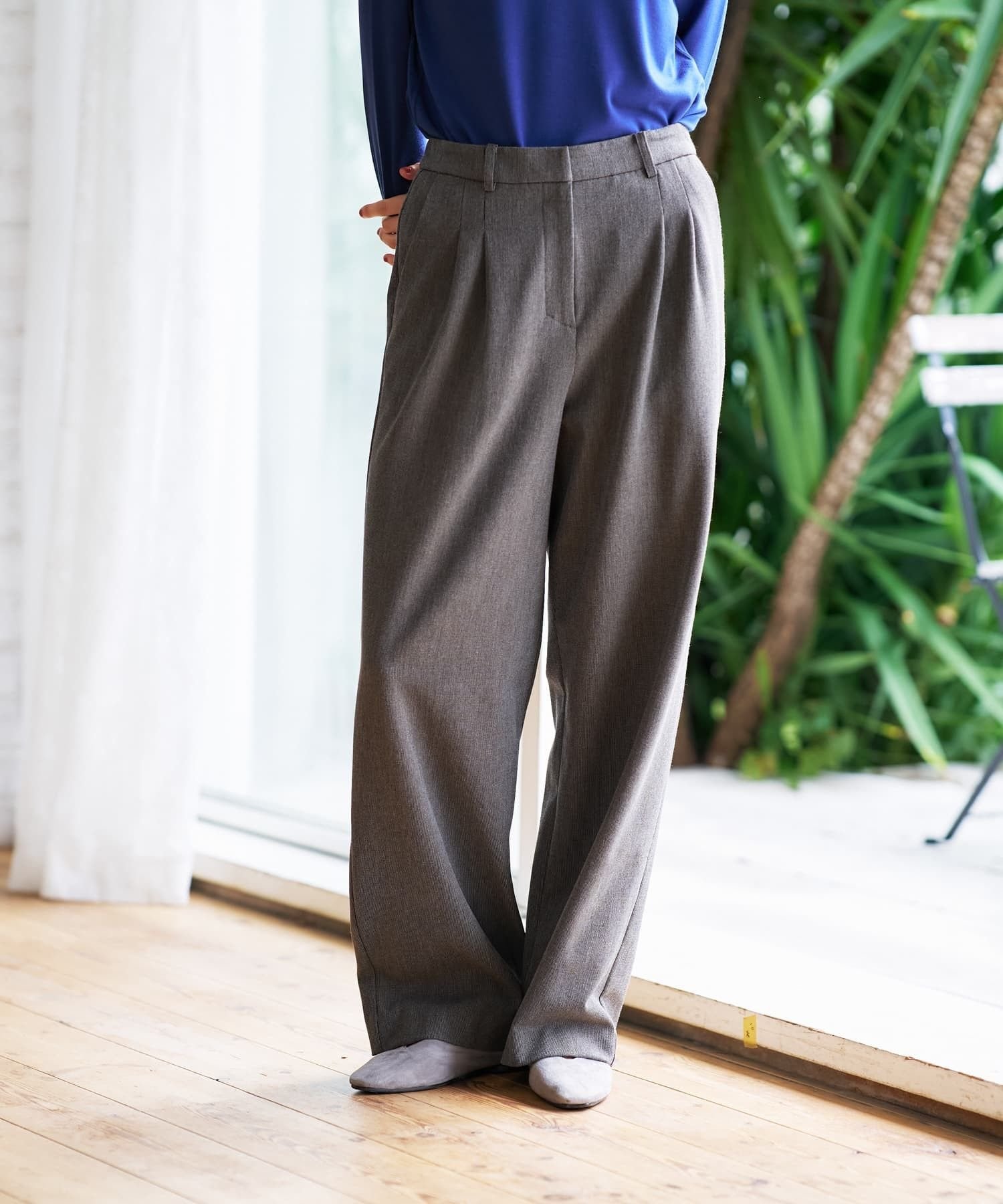 CARA O CRUZ 洗える あったか 裏起毛ワイドパンツ キャラ・オ・クルス パンツ その他のパンツ グレー ネイビー