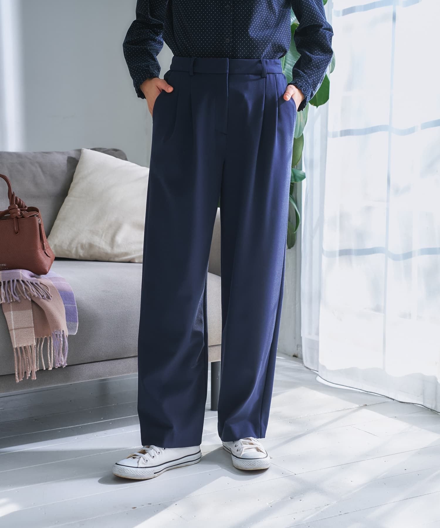 CARA O CRUZ 洗える あったか 裏起毛ワイドパンツ キャラ・オ・クルス パンツ その他のパンツ グレー ネイビー