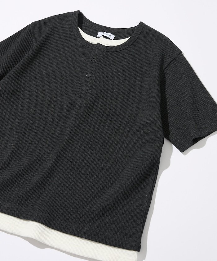 ワッフル フェイクレイヤード ヘンリーネック Tシャツ フリークスストア トップス カットソー・Tシャツ ホワイト ブルー ブラウン