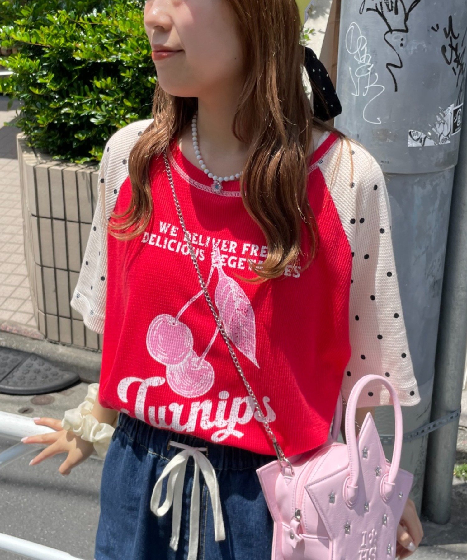 【HELLO.SANFRANCISCO】ワッフルラグランドット半袖TEE チャオパニックティピー トップス カットソー・Tシャツ レッド ホワイト