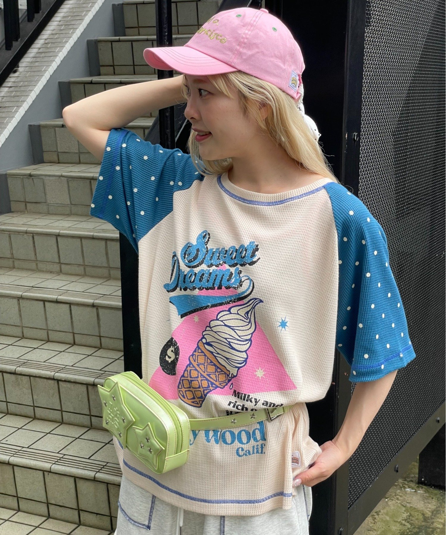 【HELLO.SANFRANCISCO】ワッフルラグランドット半袖TEE チャオパニックティピー トップス カットソー・Tシャツ レッド ホワイト