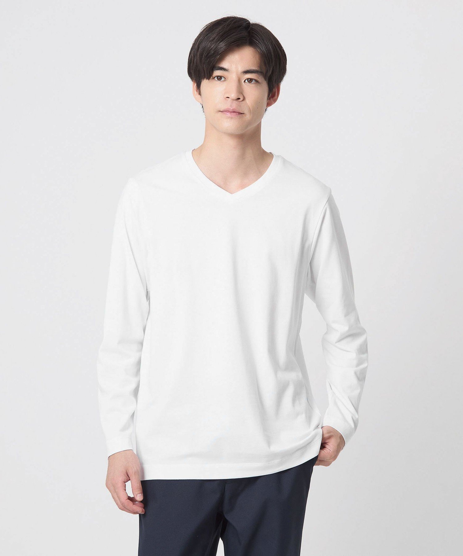 LONG FIBER COTTON クリア Vネック 長袖 Tシャツ ユナイテッドアローズ アウトレット トップス カットソー・Tシャツ ホワイト ブラック