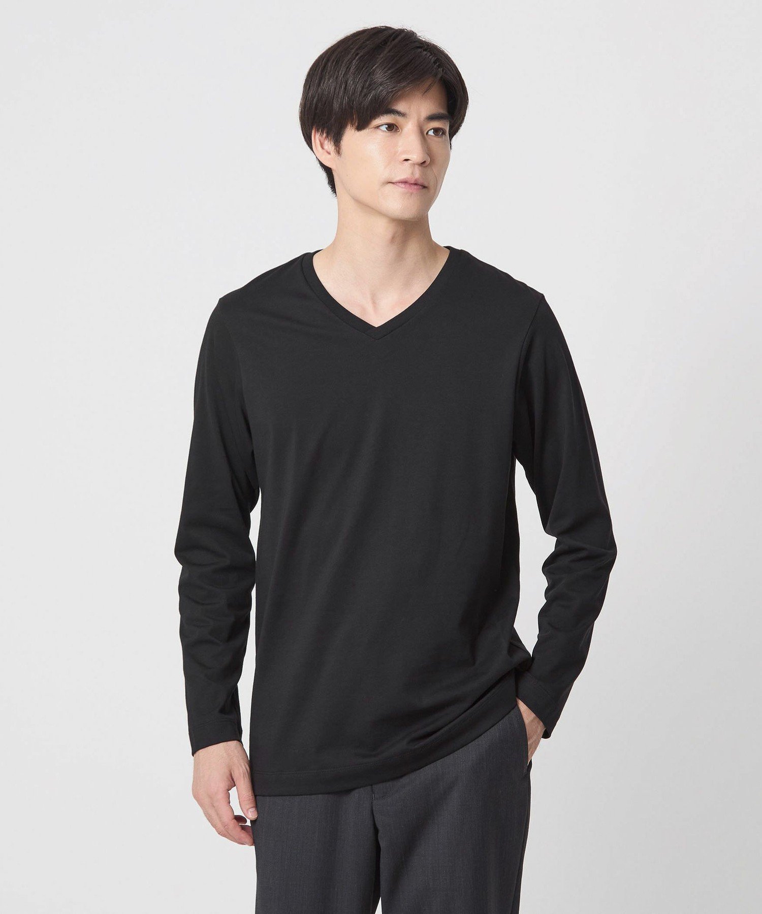 LONG FIBER COTTON クリア Vネック 長袖 Tシャツ ユナイテッドアローズ アウトレット トップス カットソー・Tシャツ ホワイト ブラック