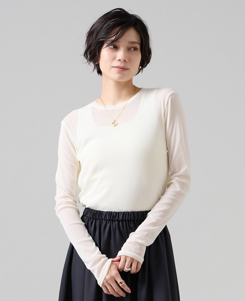 Liesse シアーチュールロングTシャツ リエス トップス カットソー・Tシャツ ブラック ホワイト