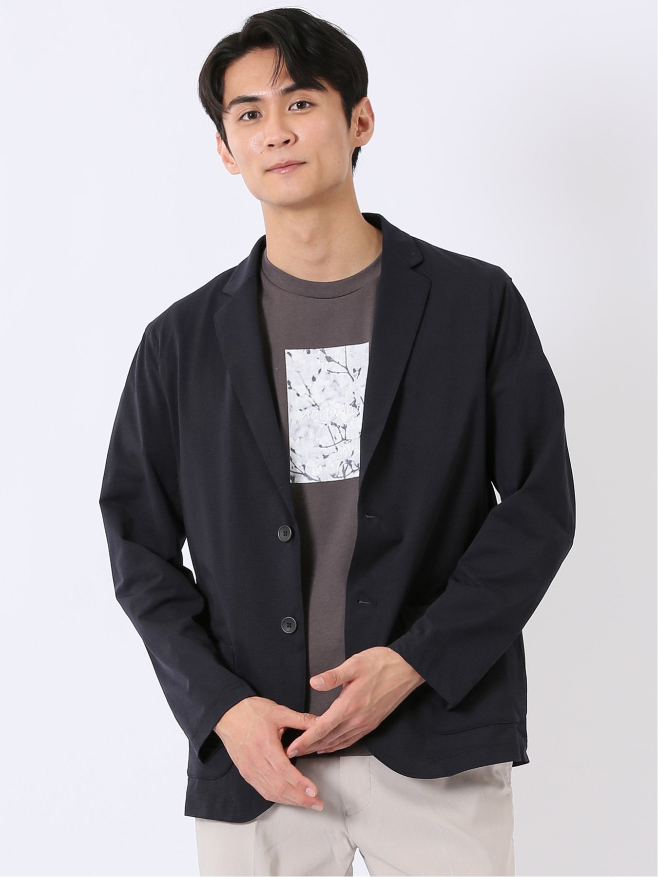 ストレッチ マイクロドット メッシュ 2ボタン ジャケット タカキュー トップス その他のトップス グレー ネイビー