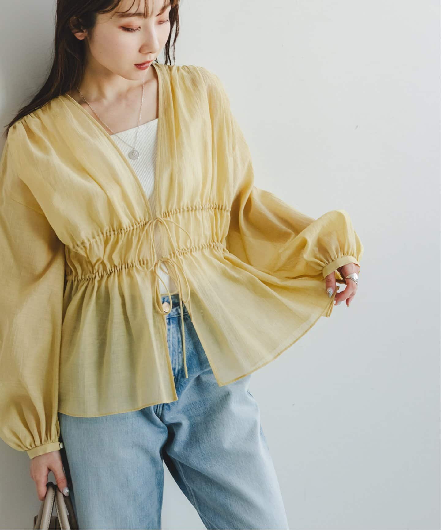 NOBLE シアー楊柳ギャザーブラウス ノーブル トップス シャツ・ブラウス ホワイト イエロー【送料無料】のサムネイル