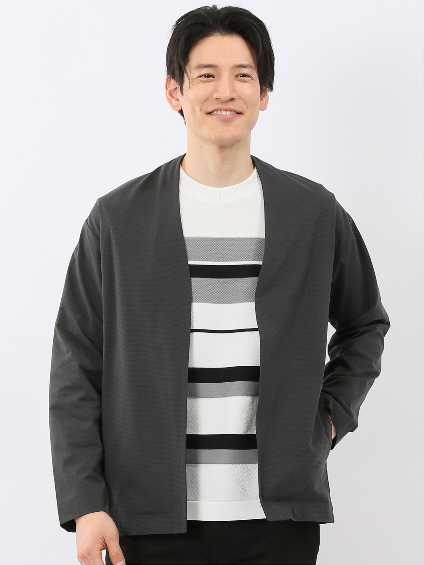 【SALE／10%OFF】TAKA-Q ストレッチ マイクロドット メッシュ ボタンレス カーディガン タカキュー トップス カーディガン ネイビー グレー【送料無料】