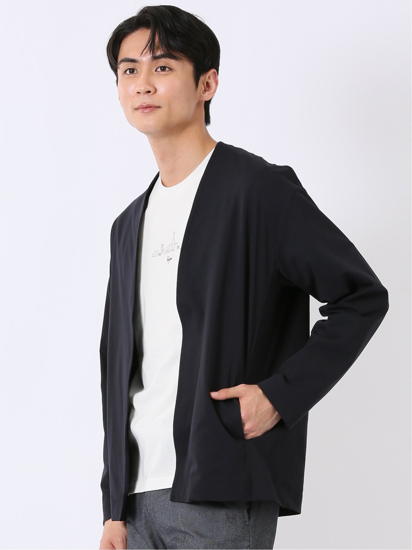 【SALE／10%OFF】TAKA-Q ストレッチ マイクロドット メッシュ ボタンレス カーディガン タカキュー トップス カーディガン ネイビー グレー【送料無料】