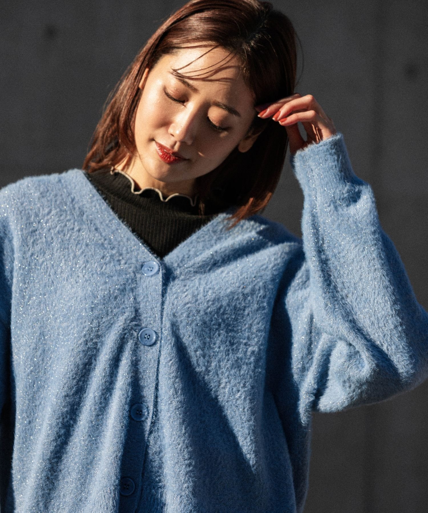 【SALE／30%OFF】GLOBAL WORK ラメフェザーショートVネックカーディガン/995328 グローバルワーク トップス カーディガン ブルー グレーのサムネイル