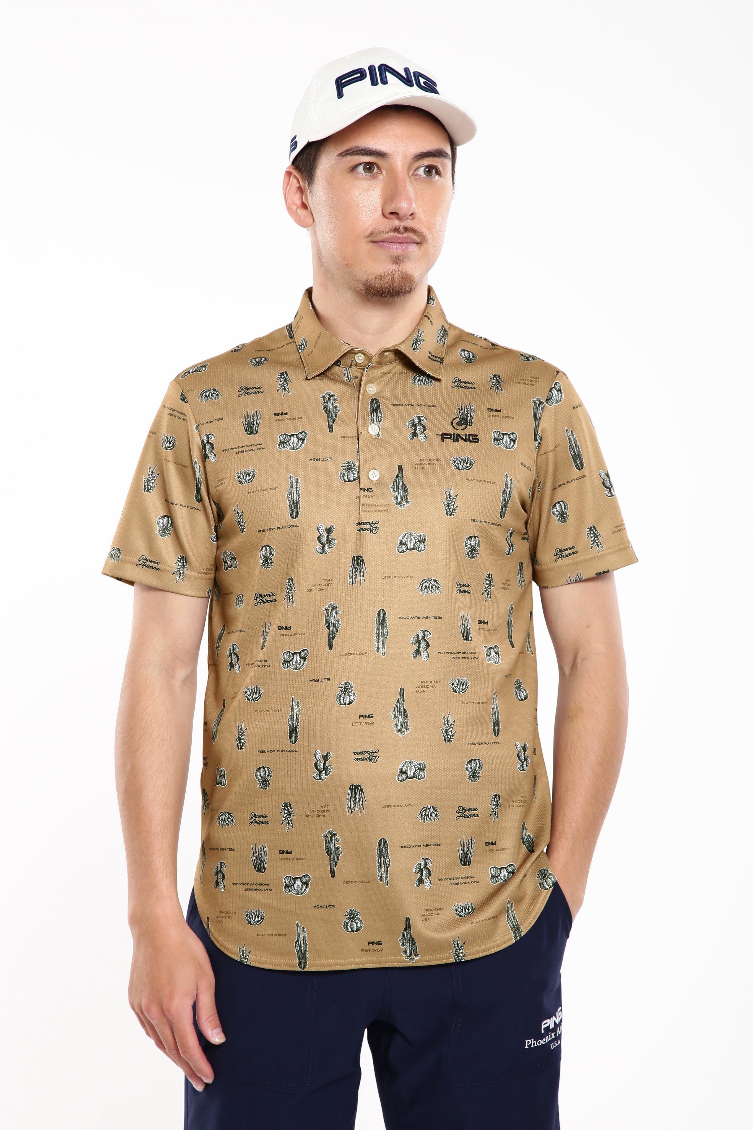 PING APPAREL サボテン柄 クイックドライ半袖ポロシャツ ＜NATIVE＞ (MENS) ピン アパレル トップス ポロシャツ ピンク ブルー ネイビー ベージュ【送料無料】
