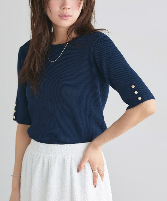 Pierrot 袖ボタンニットプルオーバー ピエロ トップス ニット ホワイト パープル ネイビーのサムネイル