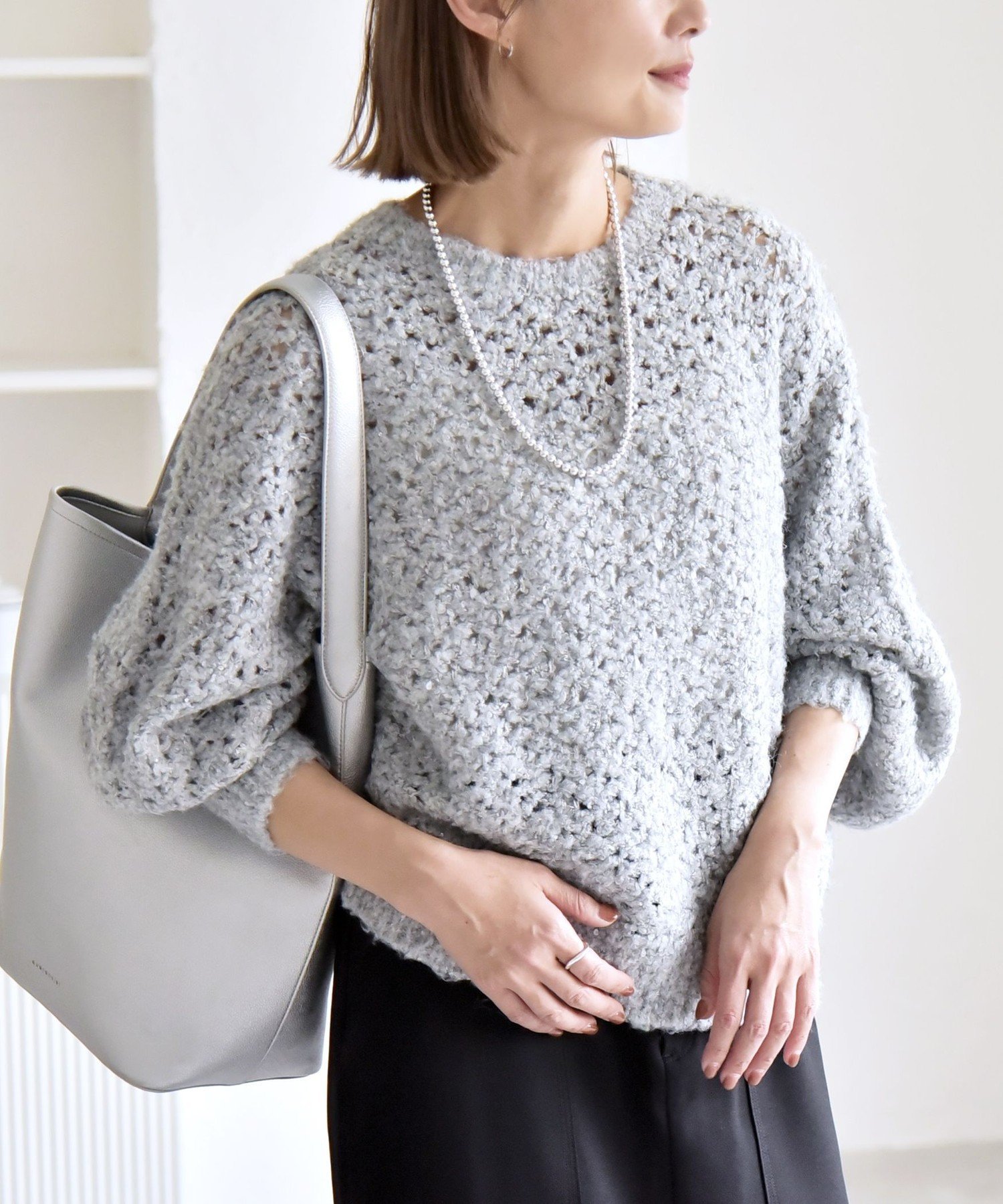 quaranciel quaranciel:＜手洗い可能＞スパンコール レース編み クルーネック ドルマン ルーズ ニット ..