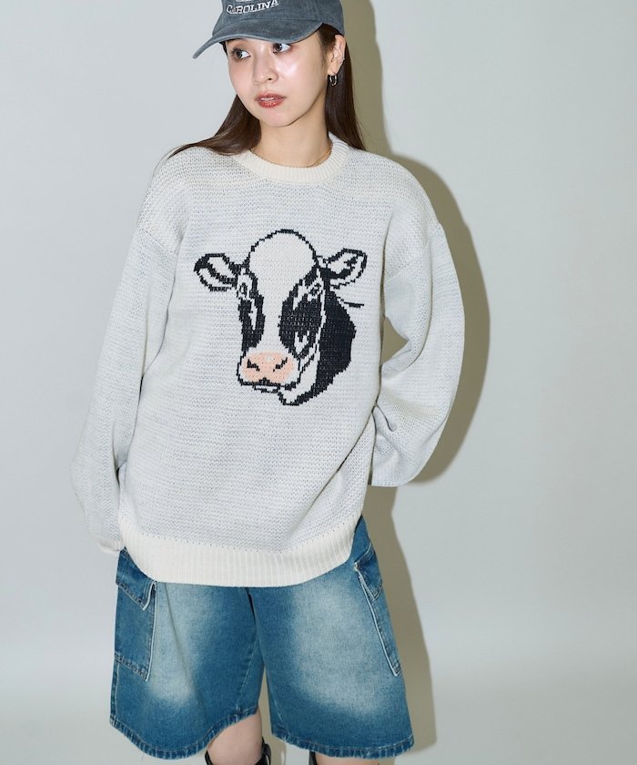 PUBLUX アニマルモチーフ ビッグシルエット ジャガードニット 限定展開 24AW フリークスストア トップス ニット ホワイト ブラック グリーン ブルー【送料無料】のサムネイル