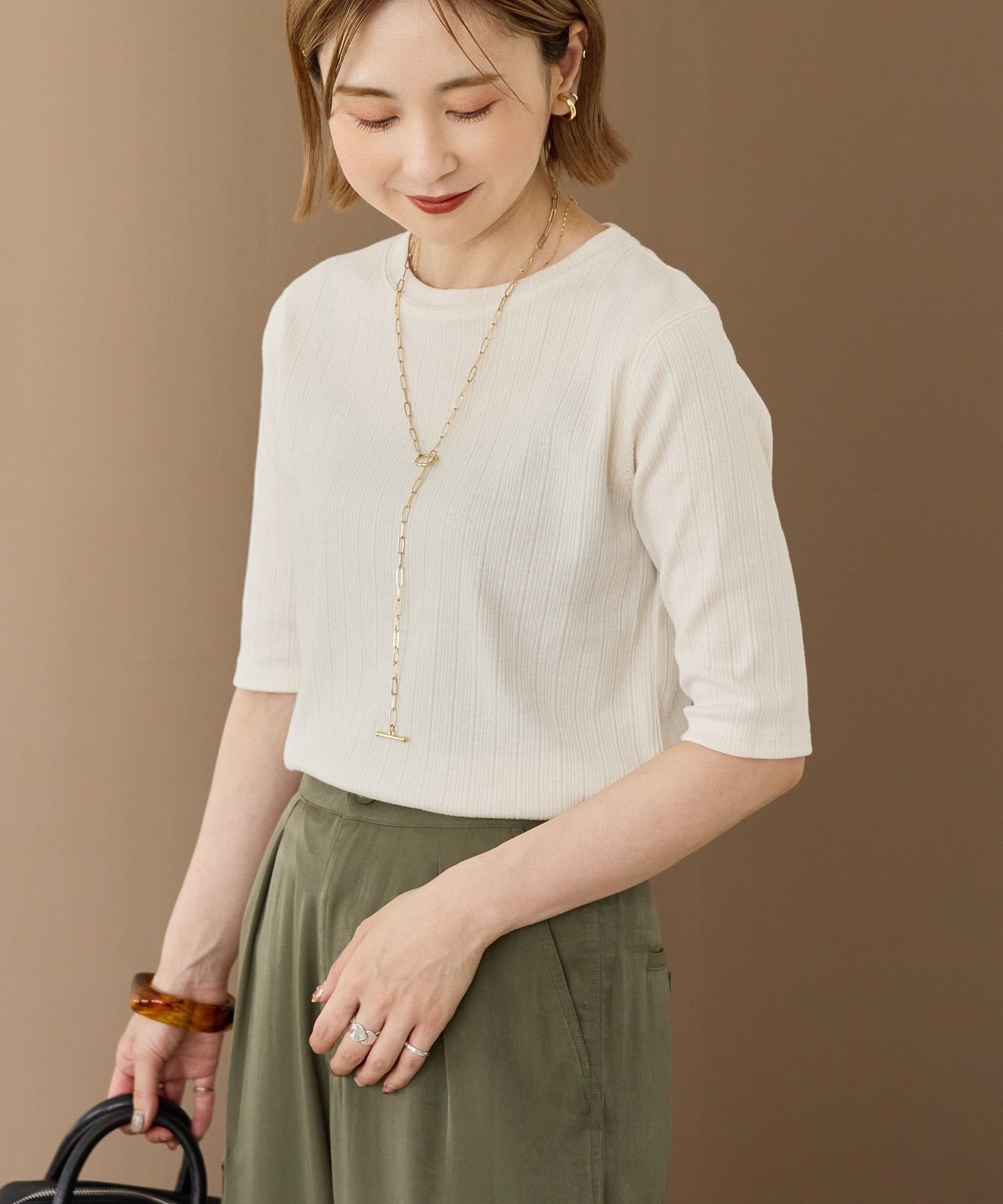 AMERICAN HOLIC リブ5分袖プルオーバー アメリカン ホリック トップス カットソー・Tシャツ パープル ネイビー ブラウン ホワイトのサムネイル