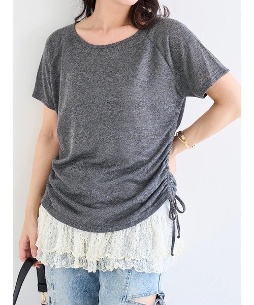 Re-J&SUPURE [SET]裾ドロストラグラントップス×裾レースキャミソール リジェイアンドスプル トップス カットソー・Tシャツ グレー