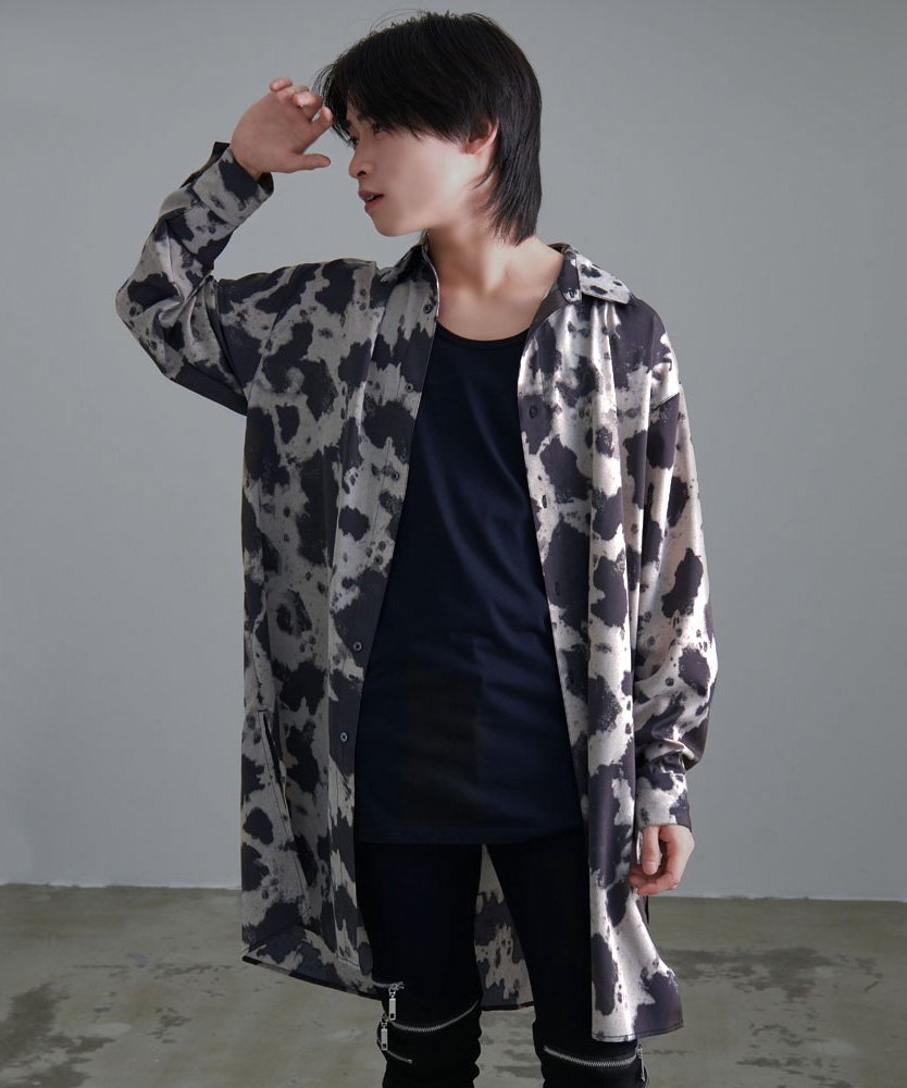 【SALE/5%OFF】CavariA CavariA ムラプリントロング長袖シャツ シルバーバレット トップス シャツ・ブラウス ホワイト ブラック【送料無料】