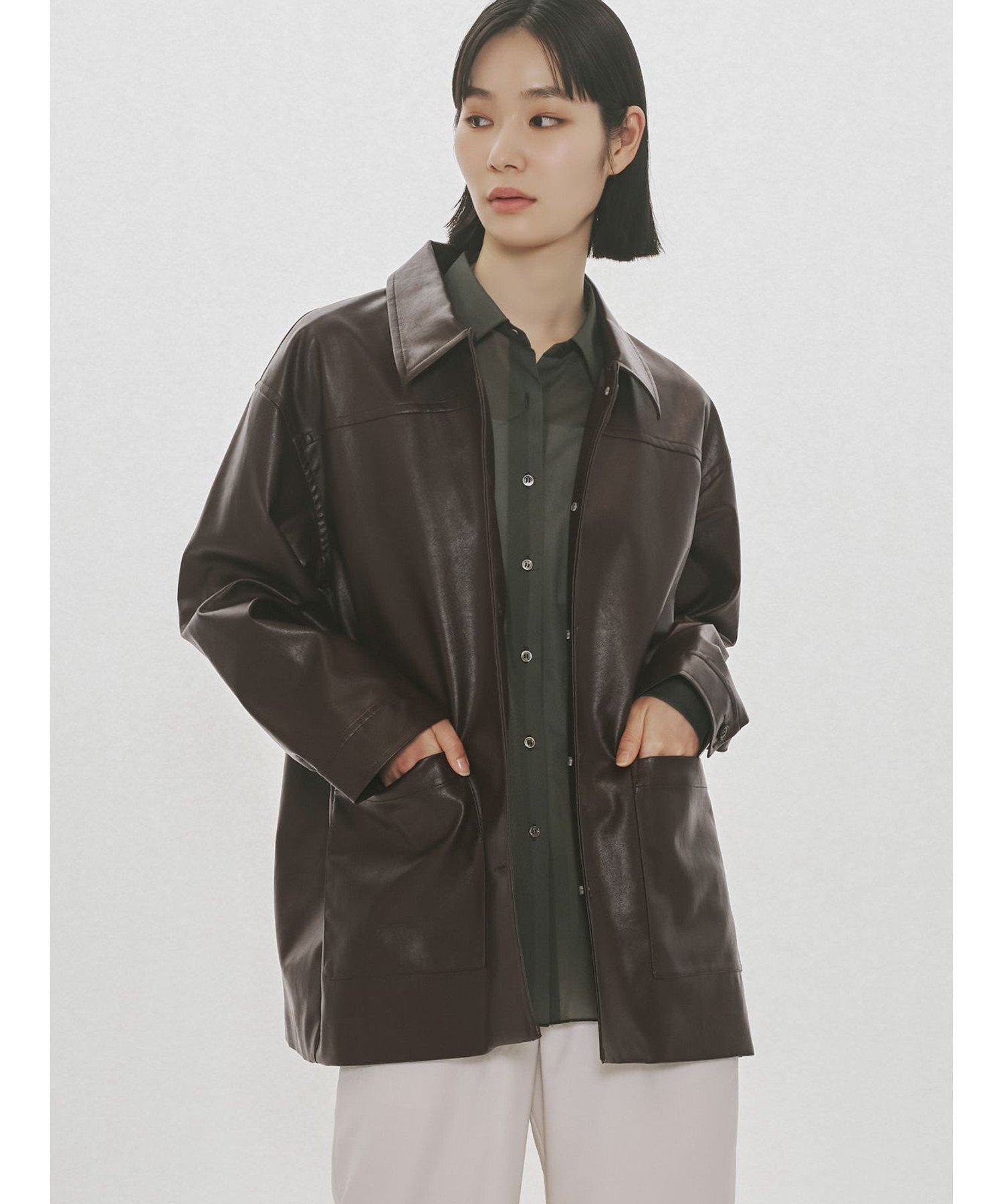 MIDIUMISOLID MIDIUMISOLID for Ladies シンセティックレザーオーバーサイズブルゾン マーコート ジャケット・アウター テーラードジャケット・ブレザー ブラック ブラウン