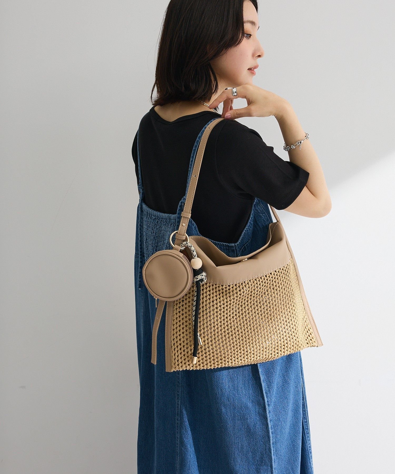 【SALE／10%OFF】Green Parks 【2SET】ポーチチャーム付き雑材トートバッグ グリーンパークス バッグ トートバッグ ブラック ベージュ【送料無料】