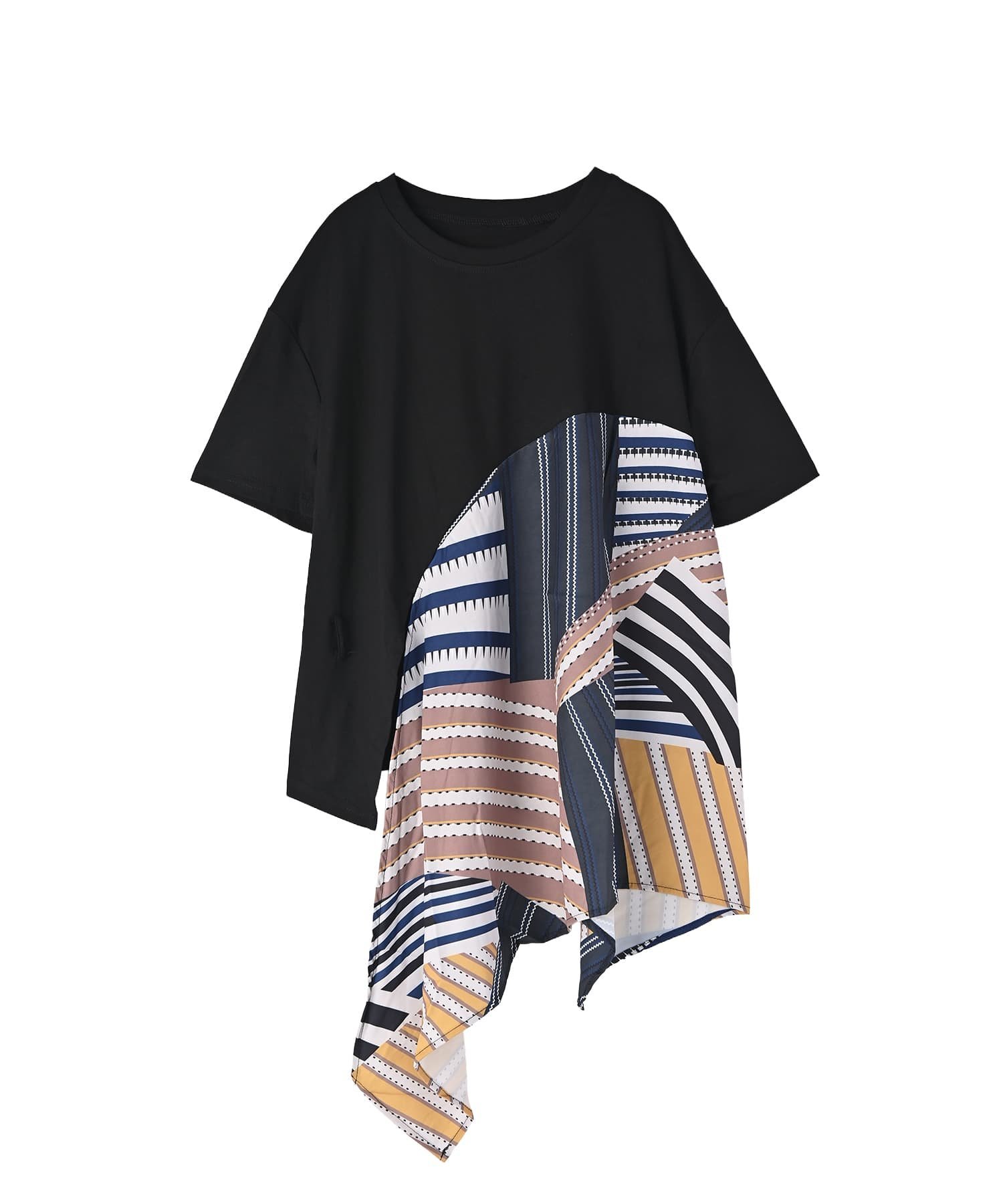 STYLE DELI 【BLK001】スカーフ柄パッチワークTシャツ スタイルデリ トップス カットソー・Tシャツ ブラック ホワイト