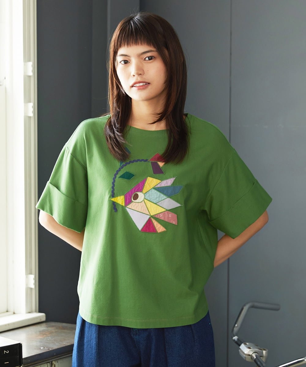 Jocomomola 【接触冷感】Aves バードパッチワークカットソー ホコモモラ トップス カットソー・Tシャツ グリーン