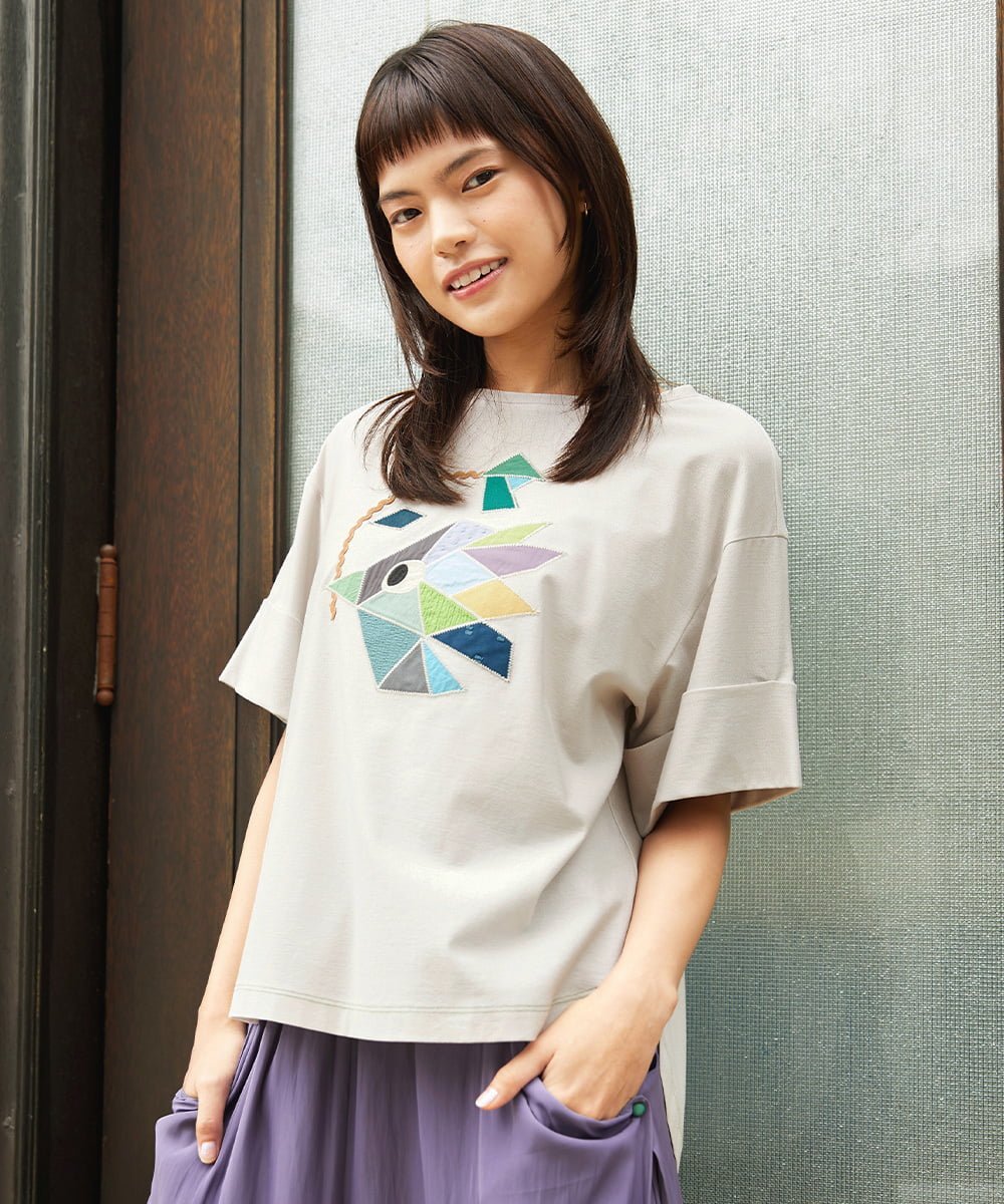 Jocomomola 【接触冷感】Aves バードパッチワークカットソー ホコモモラ トップス カットソー・Tシャツ グリーン