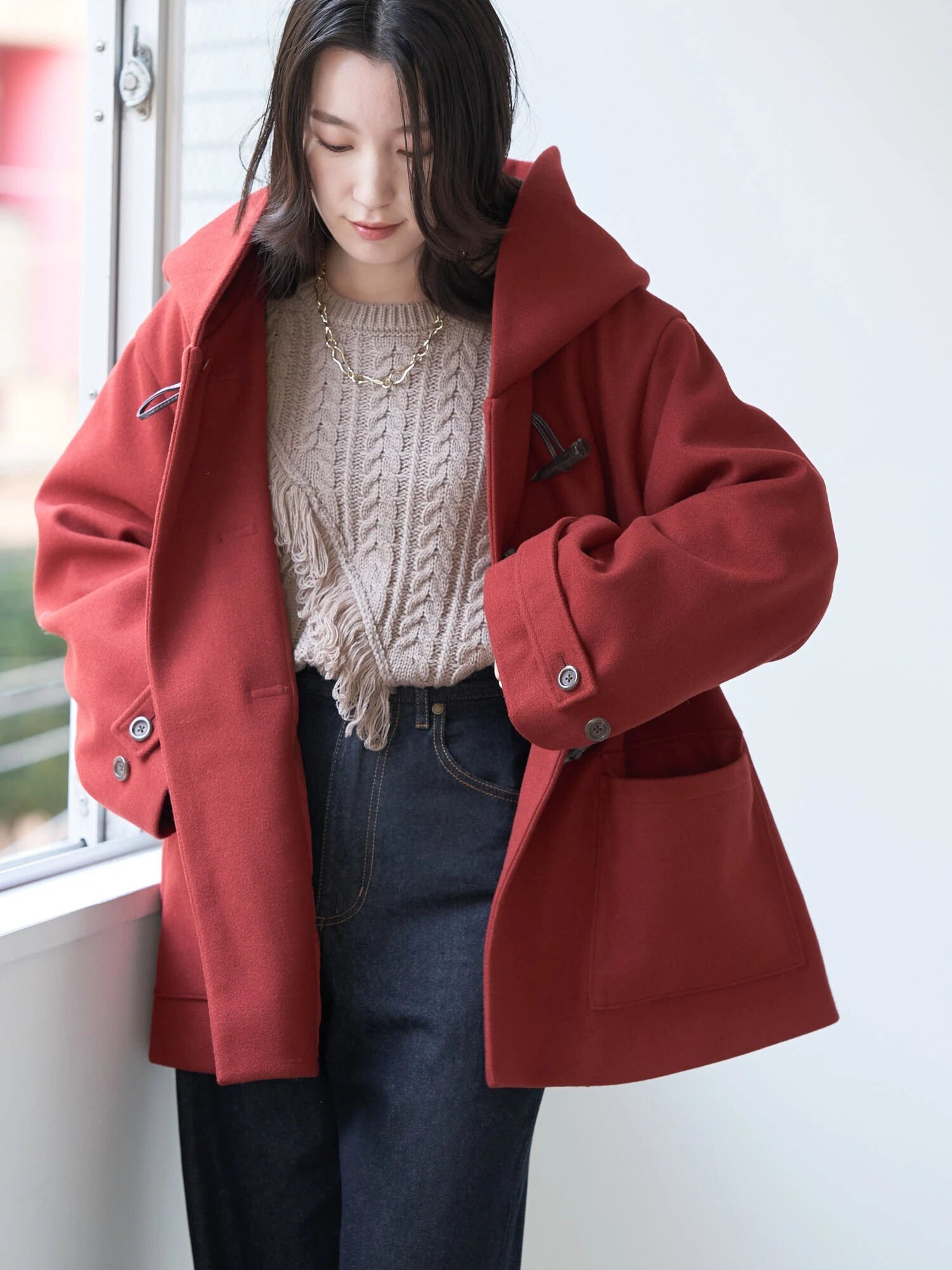 【SALE／42%OFF】earth music&ecology ショールカラーダッフルコート アースミュージック&エコロジー ジャケット・アウター その他のジャケット・アウター レッド ネイビー ベージュ【送料無料】のサムネイル