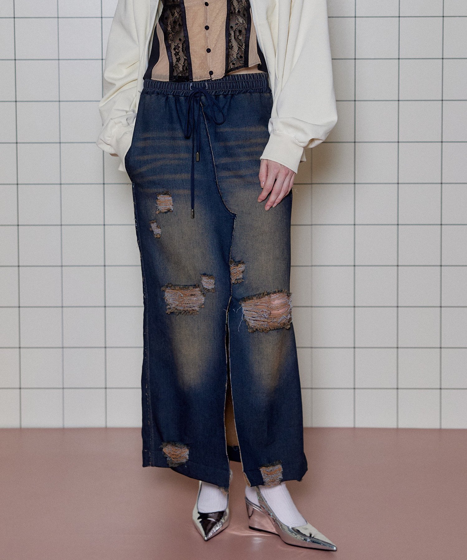 MAISON SPECIAL Denim-like Distressed Skirt メゾンスペシャル スカート ロング・マキシスカート ブルー【送料無料】