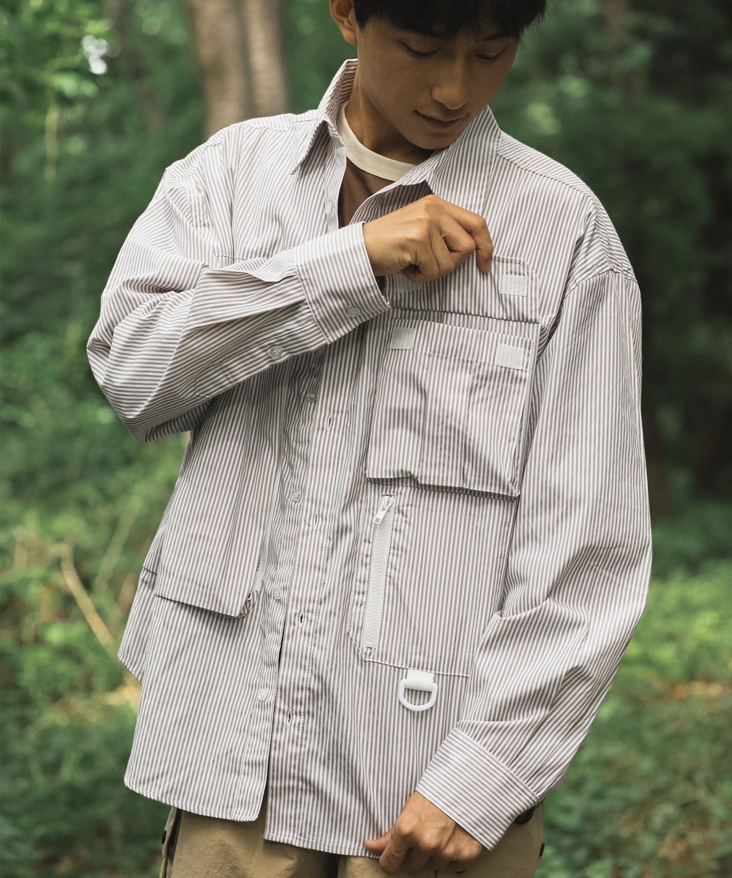 S'more Stripe pocket l/s shirt アイモハ トップス シャツ・ブラウス ベージュ