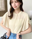 【SALE/44%OFF】moment+ シフォンジョーゼットチューリップ袖配色パイピングブラウス モーメントプラス トップス シャツ・ブラウス ブラック イエ...