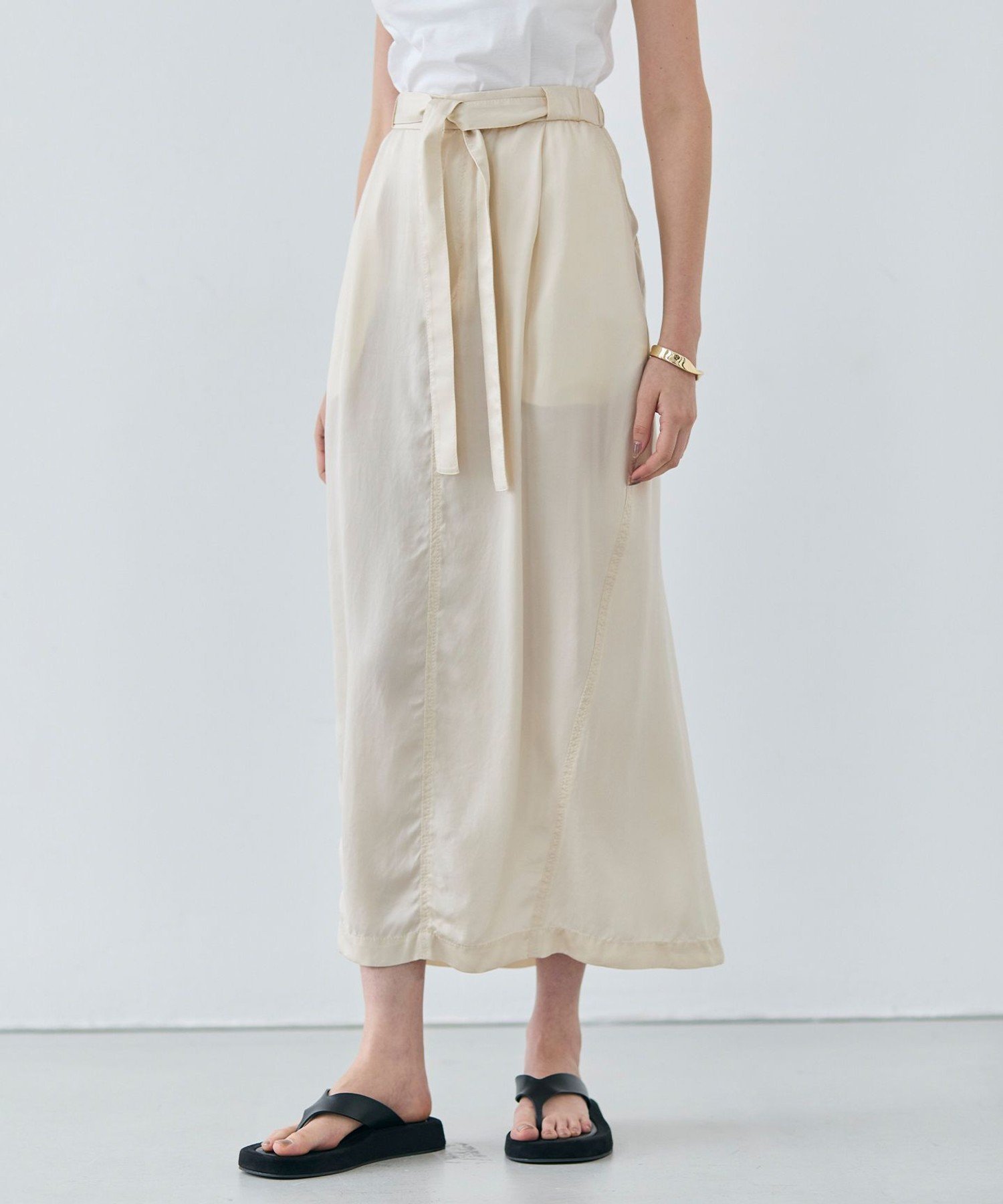 【SALE／40%OFF】BEIGE, 【洗える】PAWPAW / ウエストリボンタックスカート ベイジ, スカート ロング・マキシスカート カーキグリーン【送料無料】