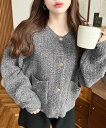 moment+ Wポケット金ボタンツイードライクニットカーディガン モーメントプラス トップス カーディガン グレー ワインレッド ベージュ【送料無料】