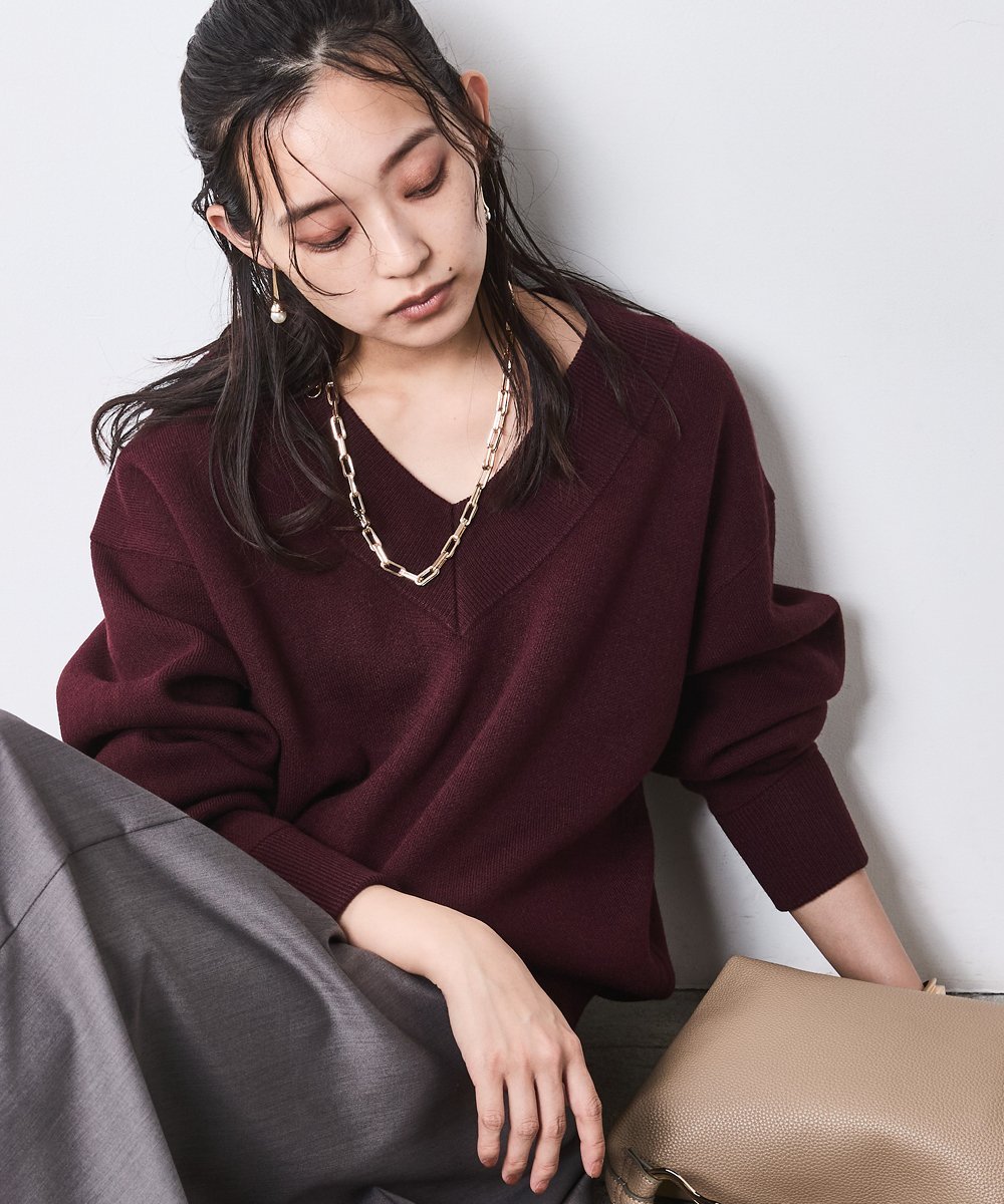 CHIC STYLE Vネックニットプルオーバー＜大きいサイズ有＞シックスタイル シックスタイル トップス ニット グレー ワインレッド ホワイト【送料無料】