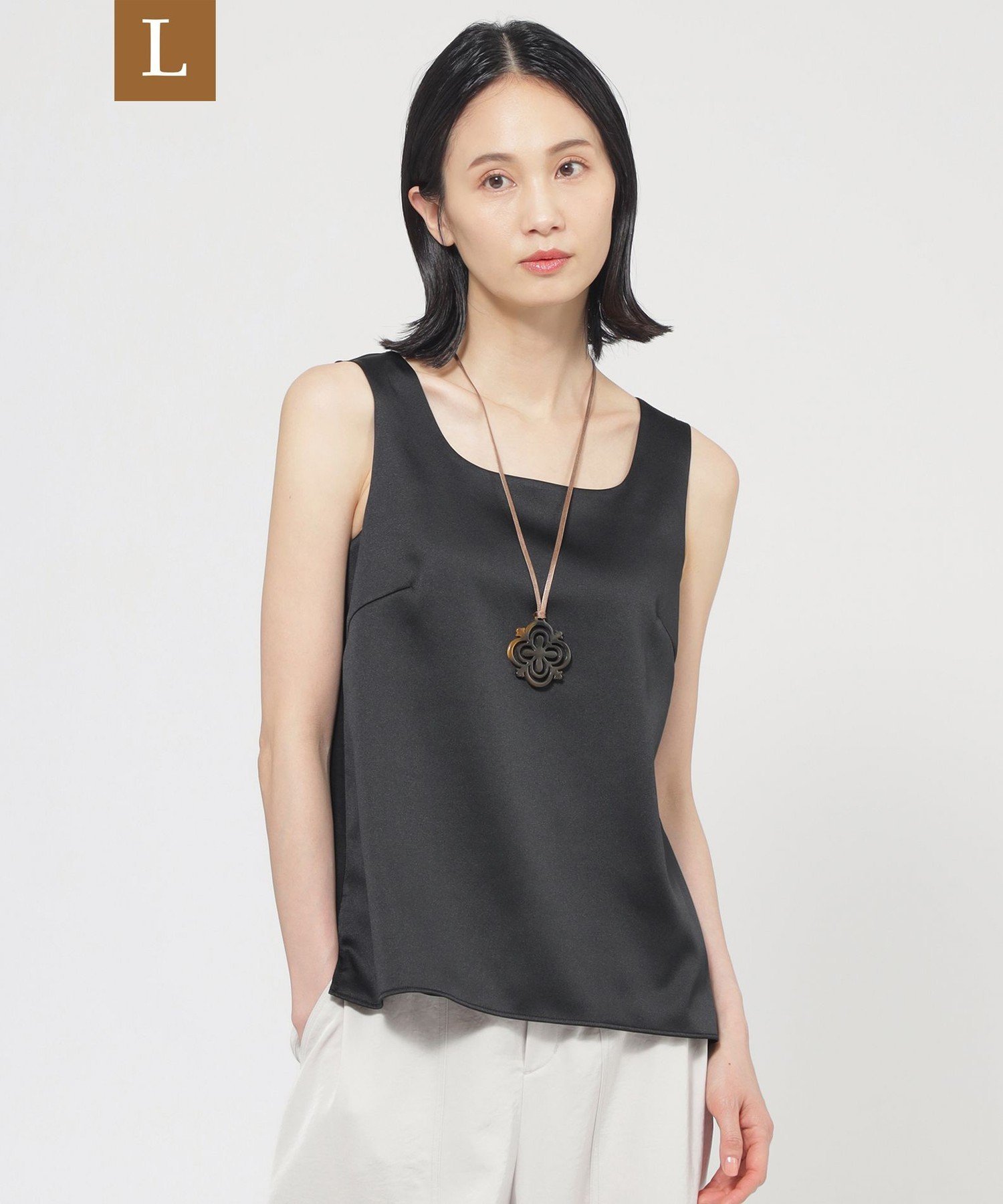 TRANS WORK 【L】【ウォッシャブル】ストレッチサテンコンビタンクトップ サンヨー エルサイズ トップス カットソー・Tシャツ ホワイト ブラック