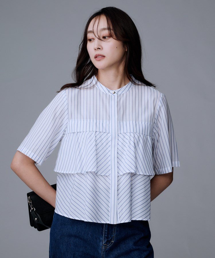 【SALE／40%OFF】UNTITLED 【短丈/前ボタン/五分袖】ストライプフリルシャツ アンタイトル トップス シャツ・ブラウス ブルー ホワイト【送料無料】