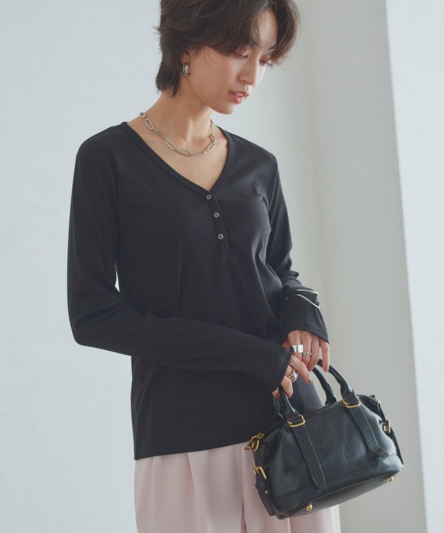 RASW [RASW]ヘンリーネックテレコリブカットソー ピエロ トップス カットソー・Tシャツ ホワイト ブラック