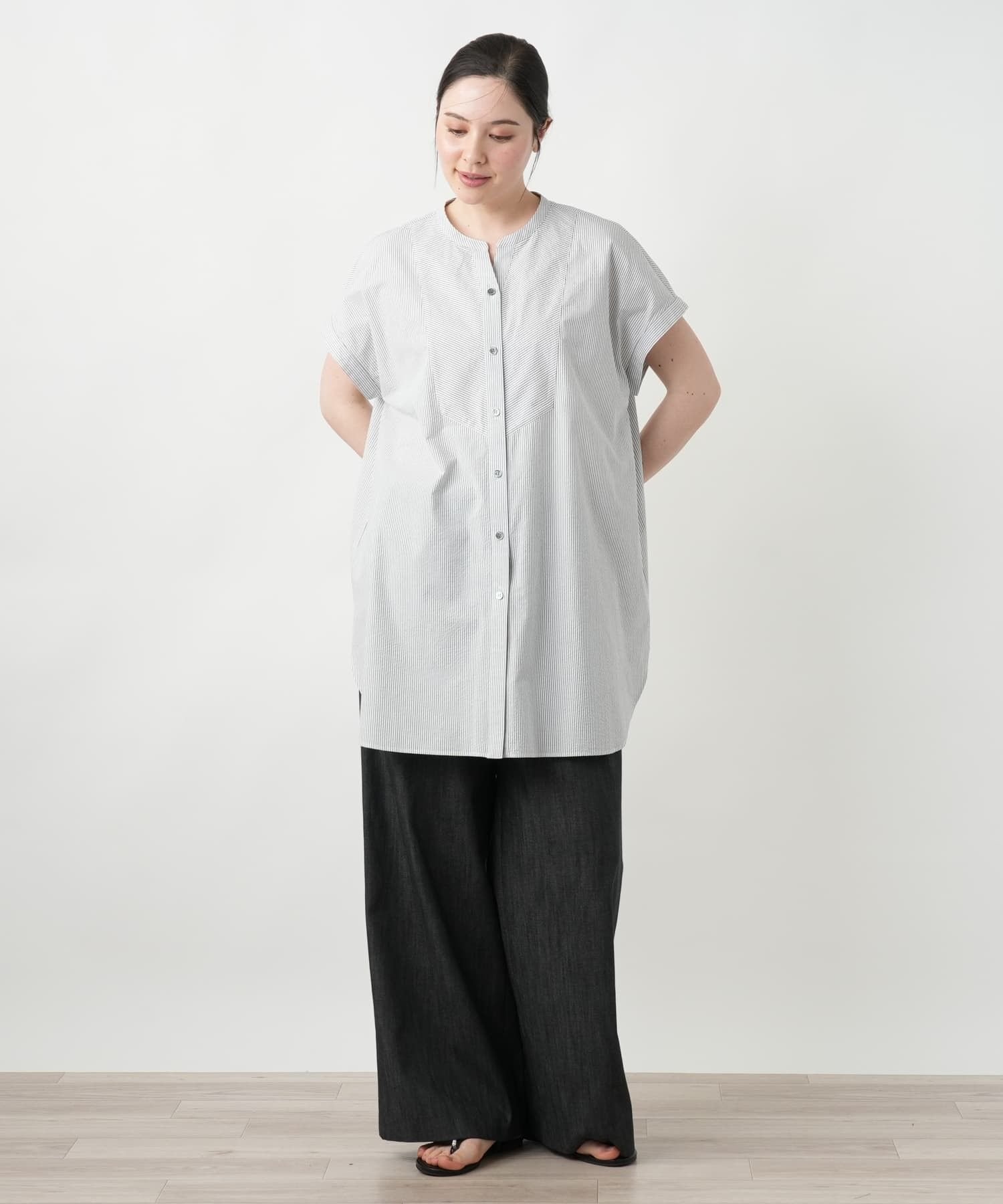 Leilian PLUS HOUSE 【店頭人気】スキッパーブラウス【プラス企画】 レリアン プラスハウス トップス シャツ・ブラウス ブルー ホワイト