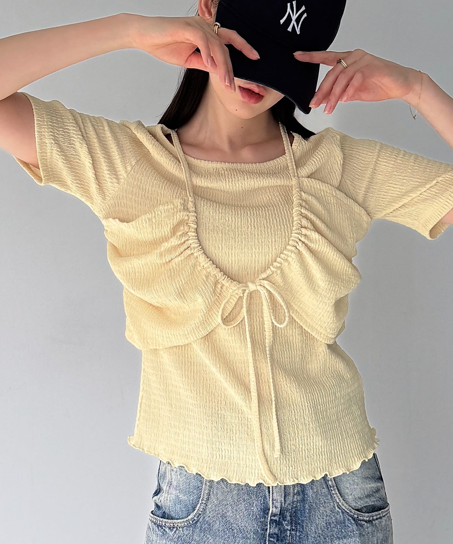 JUNOAH フロントリボンレイヤード半袖カットソー ジュノア トップス カットソー・Tシャツ ホワイト ブラウン ブラック