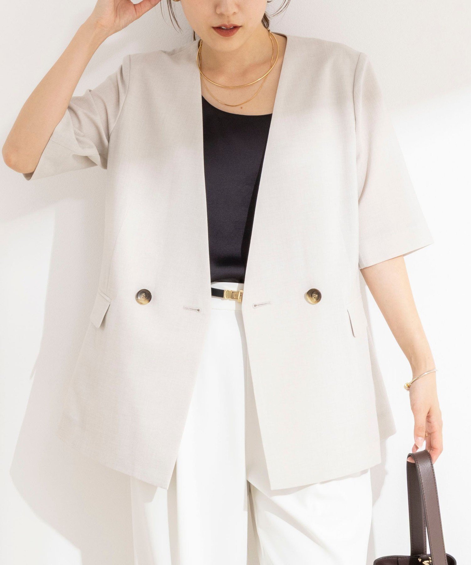 NOLLEY'S ウォッシャブルトリアセ混ノーカラー半袖ジャケット ノーリーズ ジャケット・アウター ノーカラージャケット ブラウン グレー【送料無料】