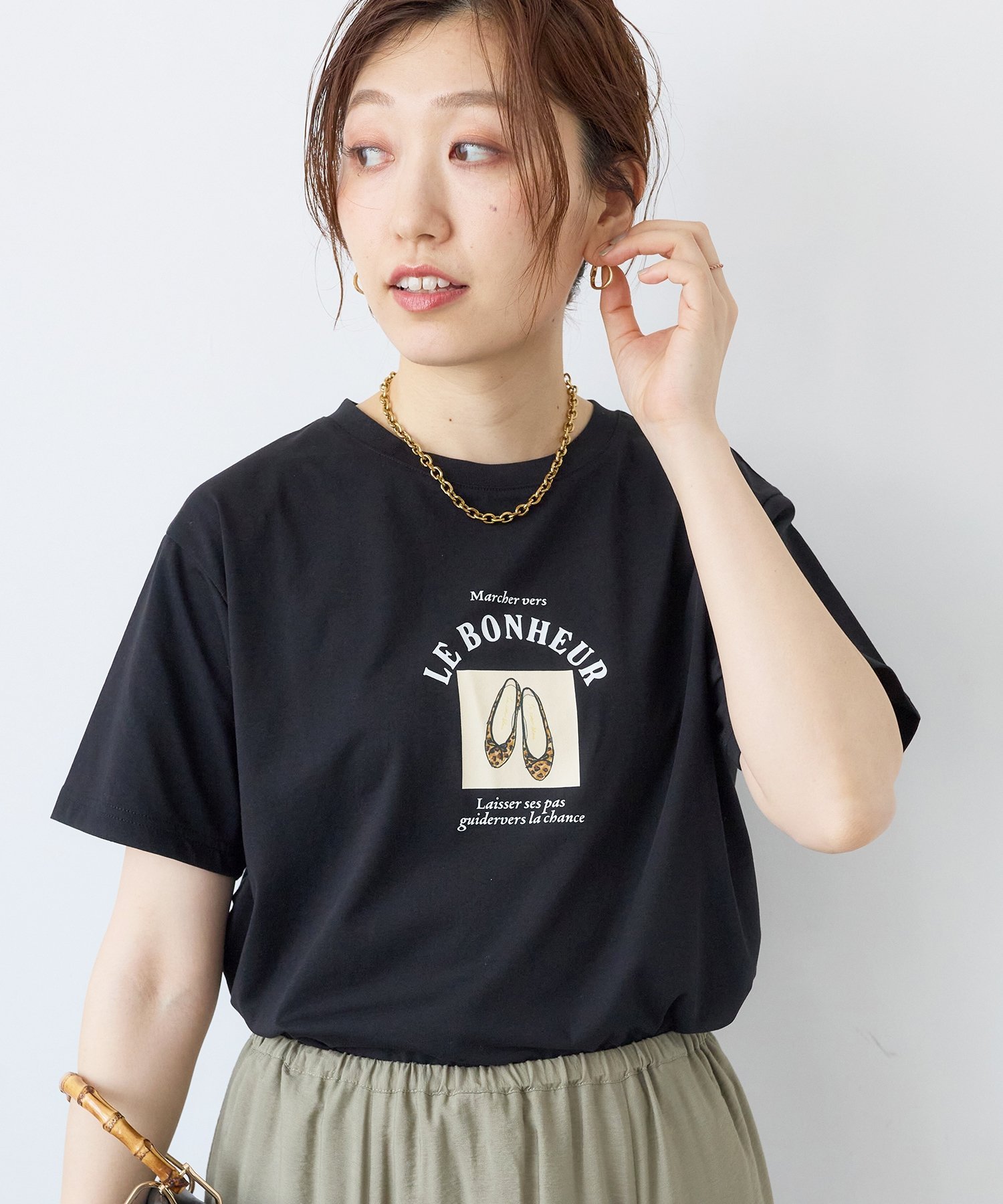 le.coeur blanc LE BONHEUR TEE ルクールブラン トップス カットソー・Tシャツ ブラック ホワイト