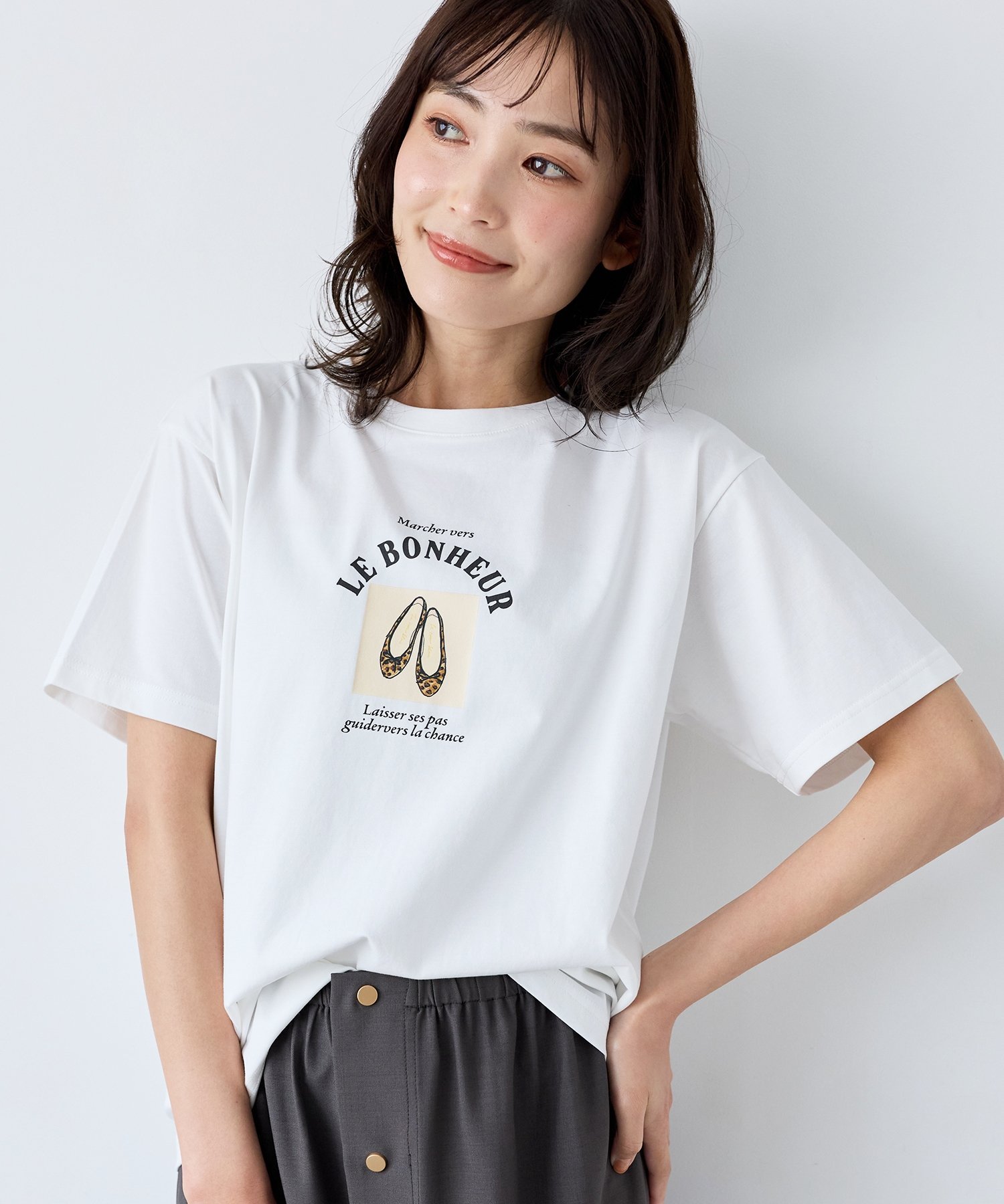 le.coeur blanc LE BONHEUR TEE ルクールブラン トップス カットソー・Tシャツ ブラック ホワイト