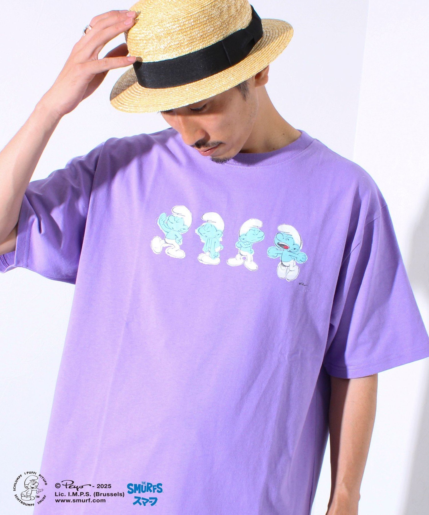 【SALE／50%OFF】FREDYMAC 表情連続プリント スマーフ フロントTシャツ? フレディ アンド グロスター トップス カットソー・Tシャツ パープル イエロー ホワイト ブラックのサムネイル