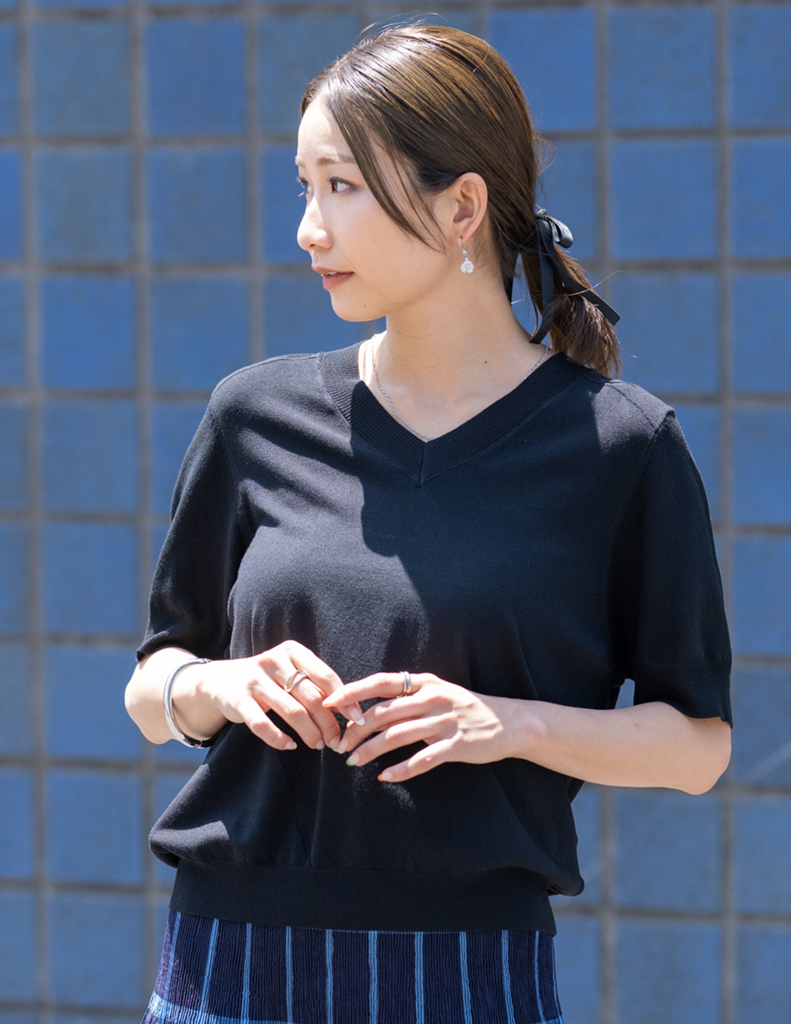 YEVS 半袖 Vネックニット サマーニット レーヨン混 ウォッシャブル レディース イーブス トップス ニット ブラック ホワイト パープル
