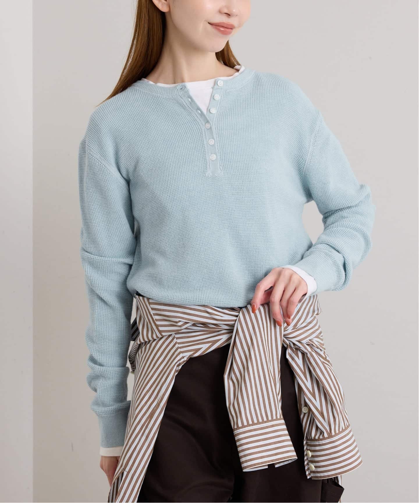 U by SPICK&SPAN 《予約》シアーワッフルヘンリーネックニット ユーバイスピックアンドスパン トップス ニット ホワイト ブラウン イエロー ブルー