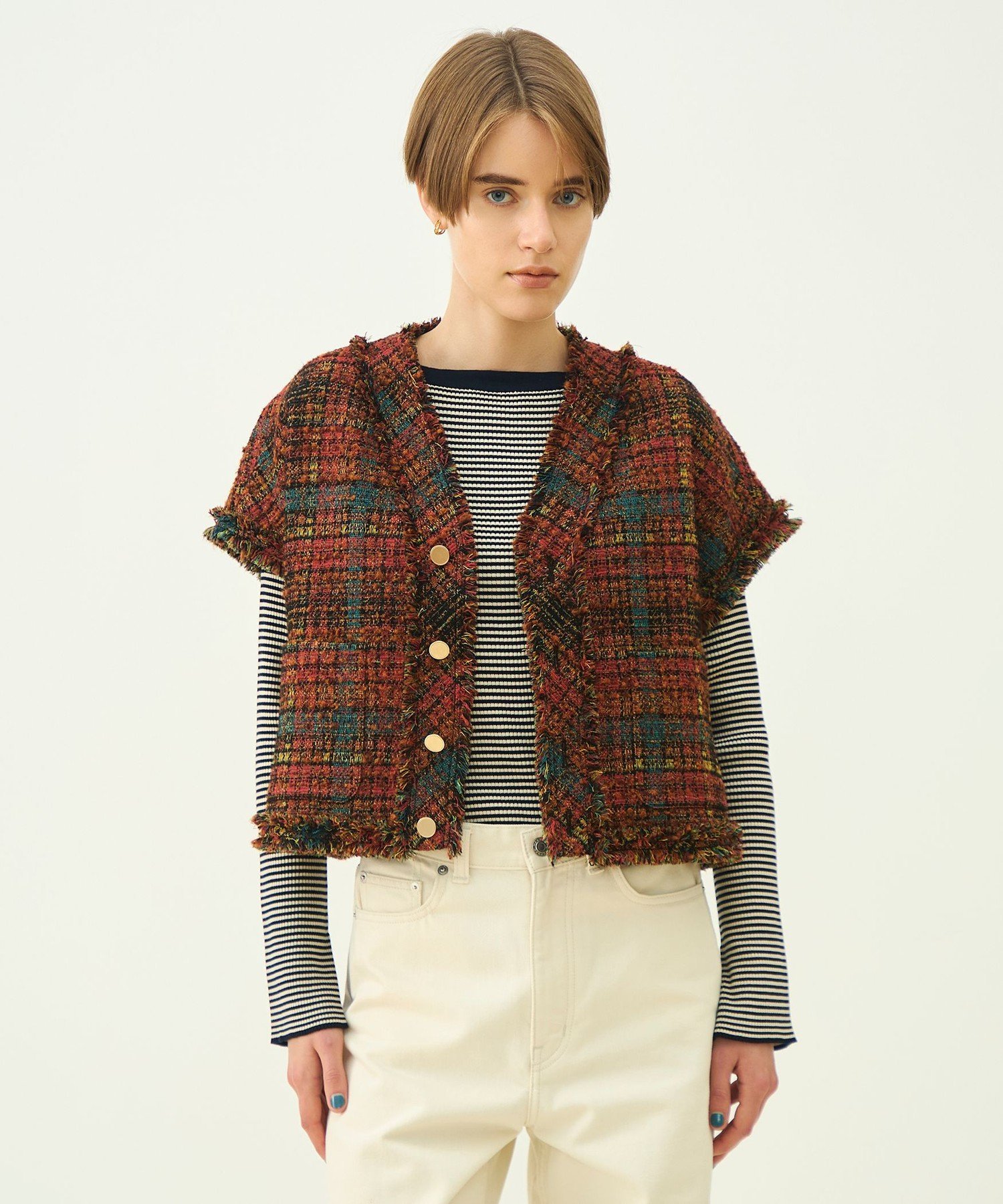 MACPHEE ジャカード フレンチスリーブジャケット トゥモローランド ジャケット・アウター ノーカラージャケット レッド